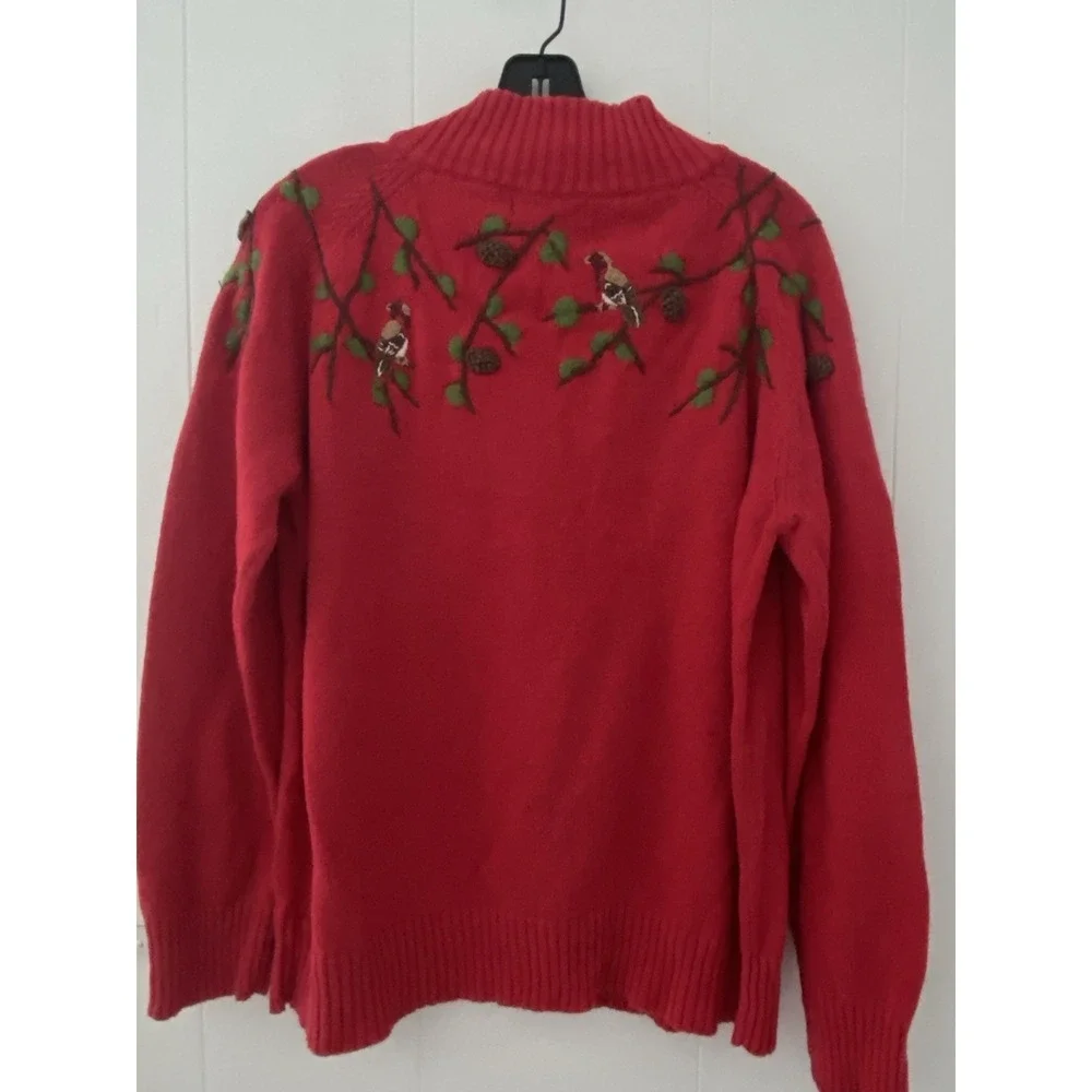 Coldwater Creek Birds & Pine Cones Cardigan Sweater Size 1X Red Embroidered Zip - Picture 4 of 6